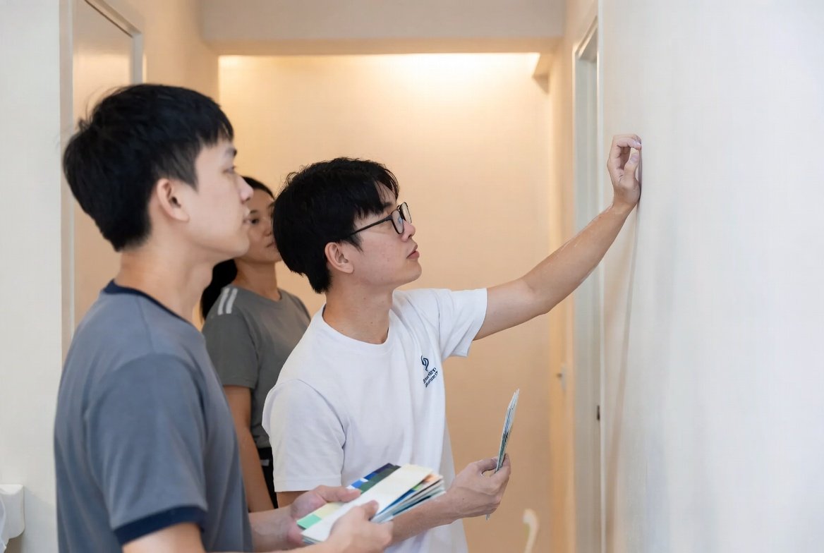 Professional painting team in Singapore inspecting freshly painted interior